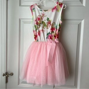 Pink Floral Fifth 5th Birthday Dress. Gold Glitter, Floral, Pink, sleeveless